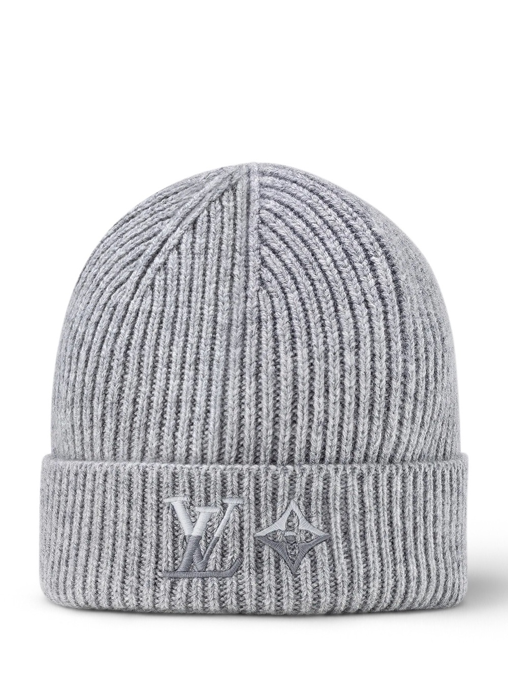 Louis Vuitton Dual Embroidered Light Grey Ribbed Knit Cuffed Beanie